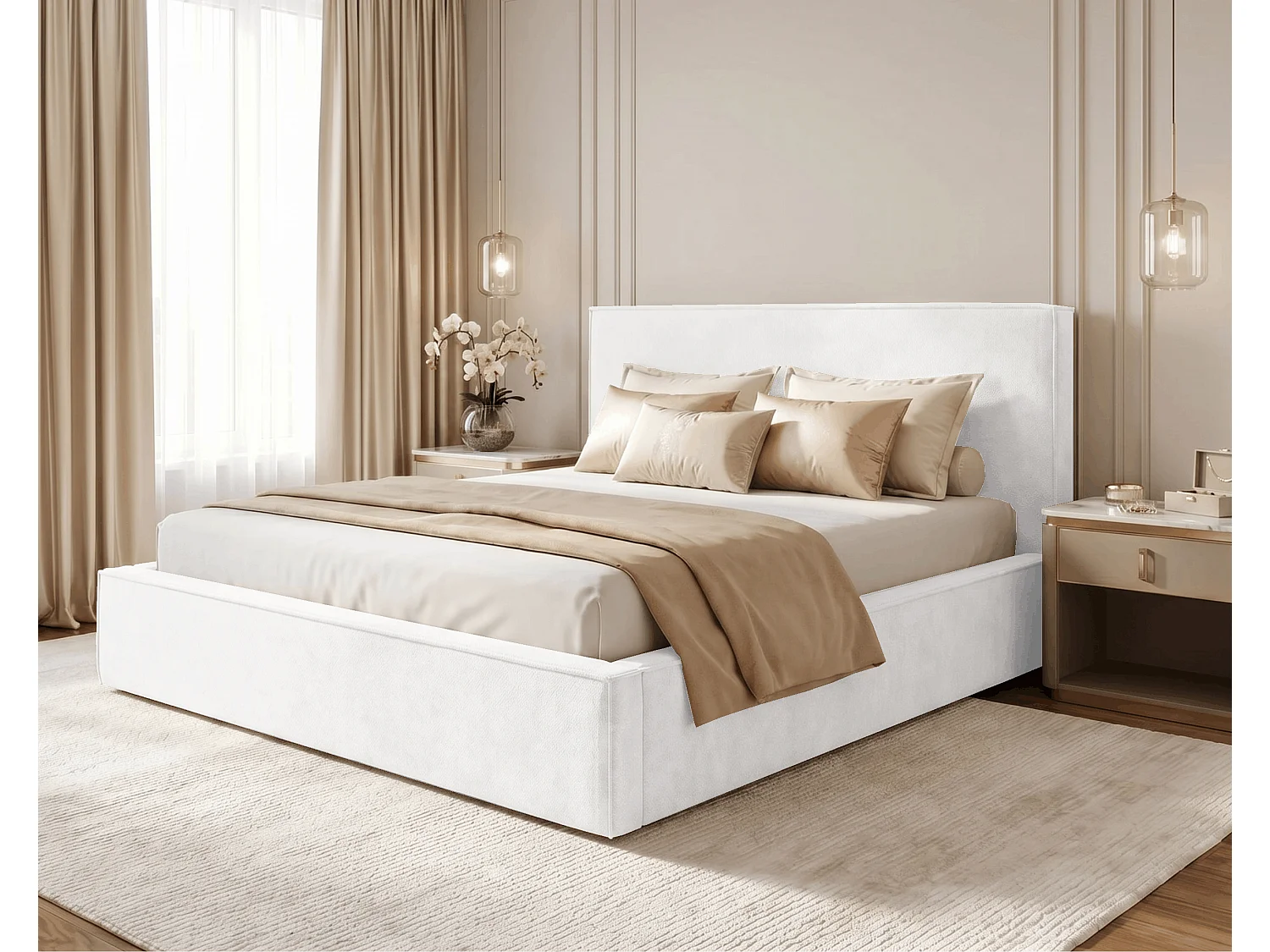 BESILIO Lit tapissé pour chambre à coucher 180x200 Zanzi - cadre métallique, coffre de rangement, bordure décorative, tissu chenille - Crème