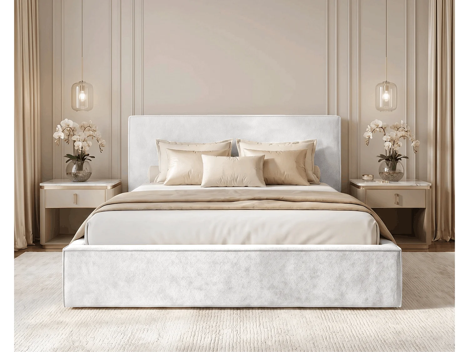 BESILIO Lit tapissé pour chambre à coucher 180x200 Zanzi - cadre métallique, coffre de rangement, bordure décorative, tissu chenille - Crème
