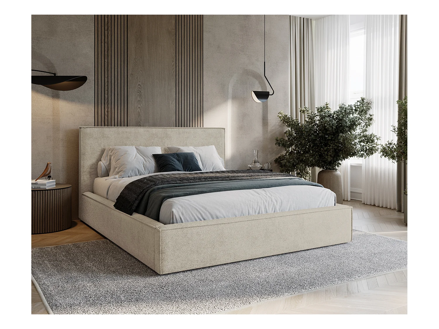 BESILIO Lit tapissé pour chambre à coucher 160x200 Zanzi - cadre métallique, coffre de rangement, bordure décorative, tissu chenille - Beige