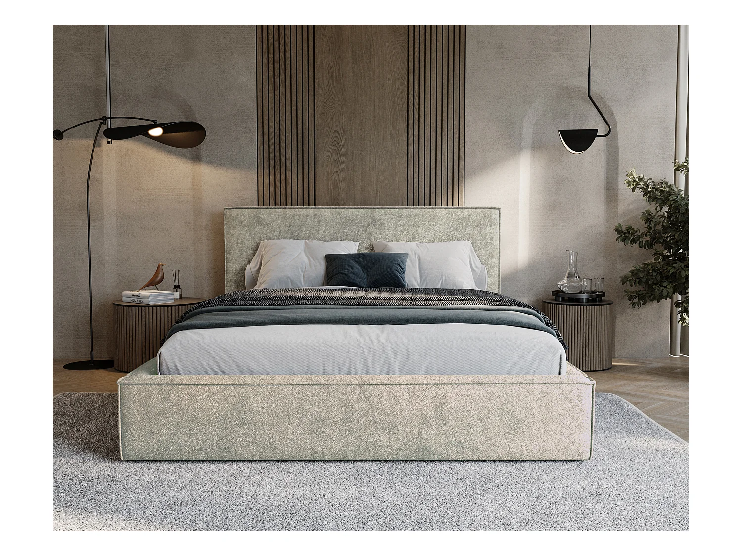 BESILIO Lit tapissé pour chambre à coucher 160x200 Zanzi - cadre métallique, coffre de rangement, bordure décorative, tissu chenille - Beige