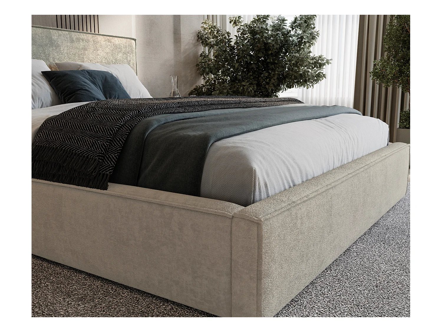 BESILIO Lit tapissé pour chambre à coucher 160x200 Zanzi - cadre métallique, coffre de rangement, bordure décorative, tissu chenille - Beige