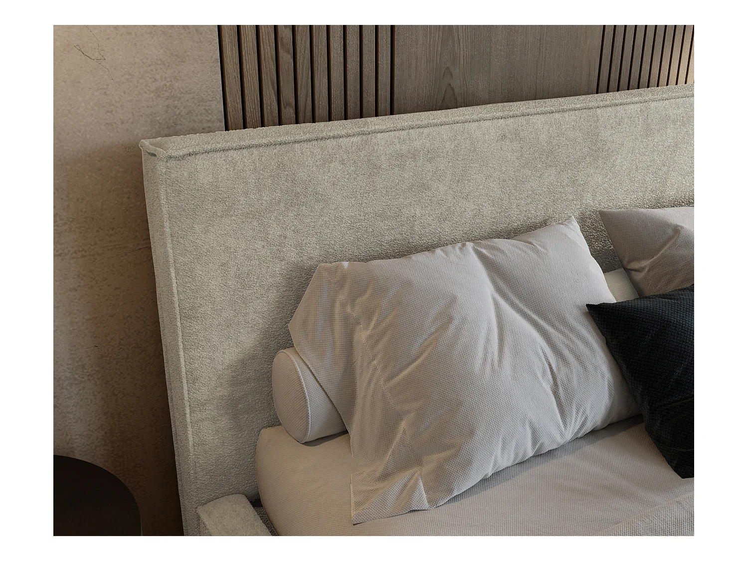 BESILIO Lit tapissé pour chambre à coucher 160x200 Zanzi - cadre métallique, coffre de rangement, bordure décorative, tissu chenille - Beige