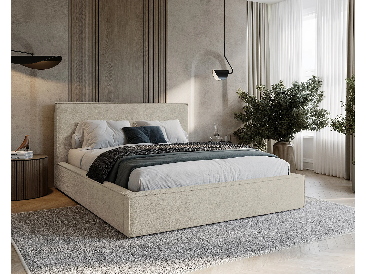 BESILIO Lit tapissé pour chambre à coucher 160x200 Zanzi - cadre métallique, coffre de rangement, bordure décorative, tissu chenille - Beige