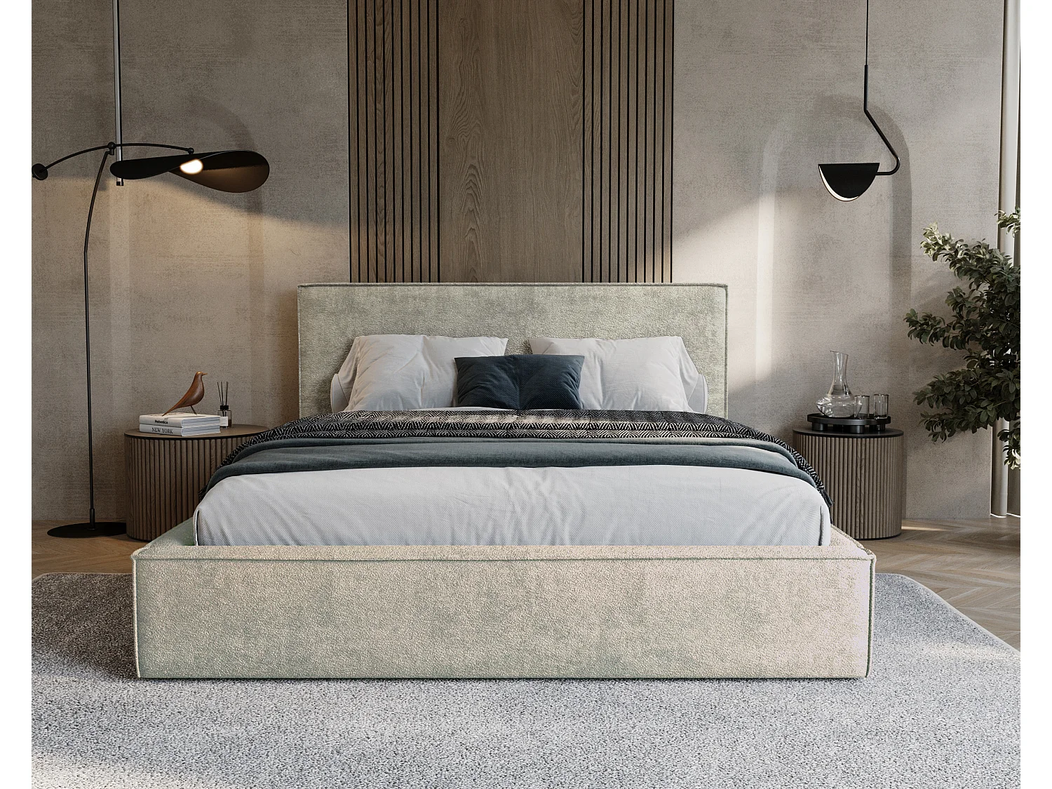 BESILIO Lit tapissé pour chambre à coucher 160x200 Zanzi - cadre métallique, coffre de rangement, bordure décorative, tissu chenille - Beige