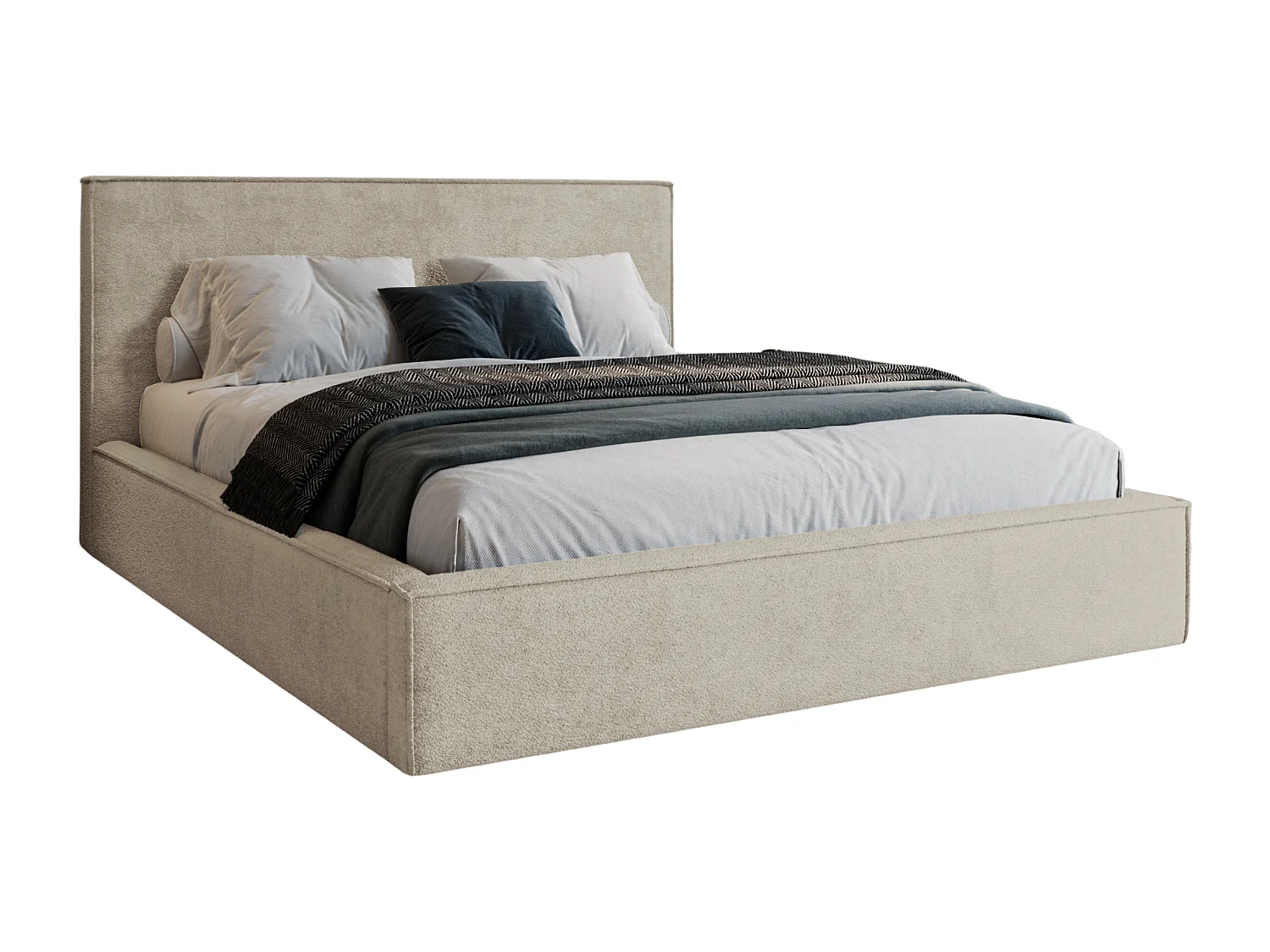 BESILIO Lit tapissé pour chambre à coucher 160x200 Zanzi - cadre métallique, coffre de rangement, bordure décorative, tissu chenille - Beige