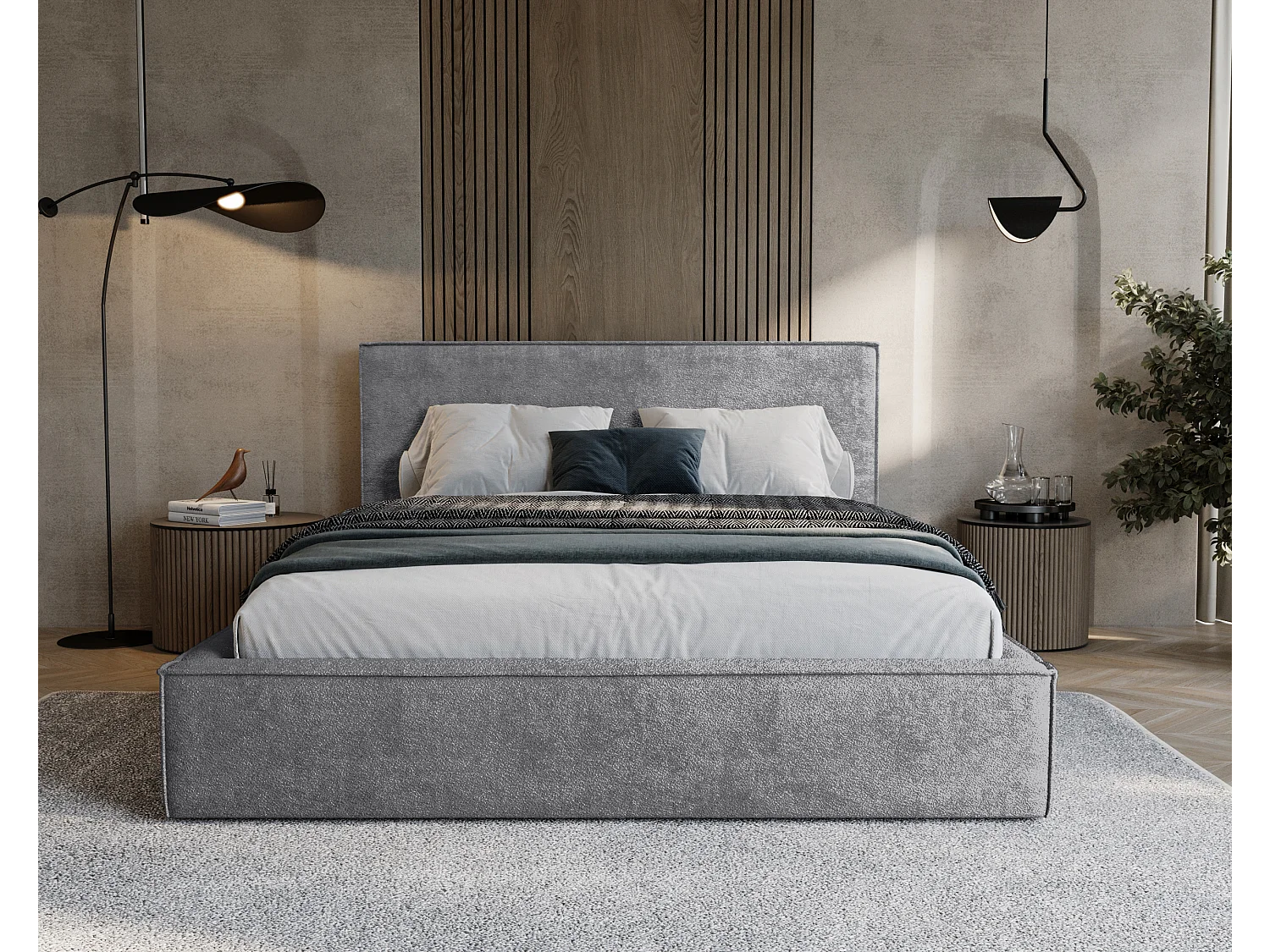 BESILIO Lit tapissé pour chambre à coucher 180x200 Zanzi - cadre métallique, coffre de rangement, bordure décorative, tissu chenille - Gris