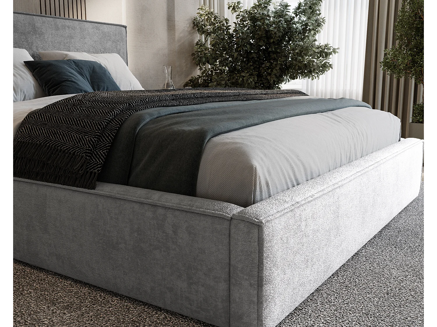 BESILIO Lit tapissé pour chambre à coucher 180x200 Zanzi - cadre métallique, coffre de rangement, bordure décorative, tissu chenille - Gris