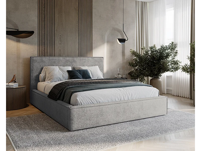 BESILIO Gestoffeerd bed voor slaapkamer 180x200 Zanzi - metalen frame, opbergruimte, decoratieve bies, chenille stof - Grijs