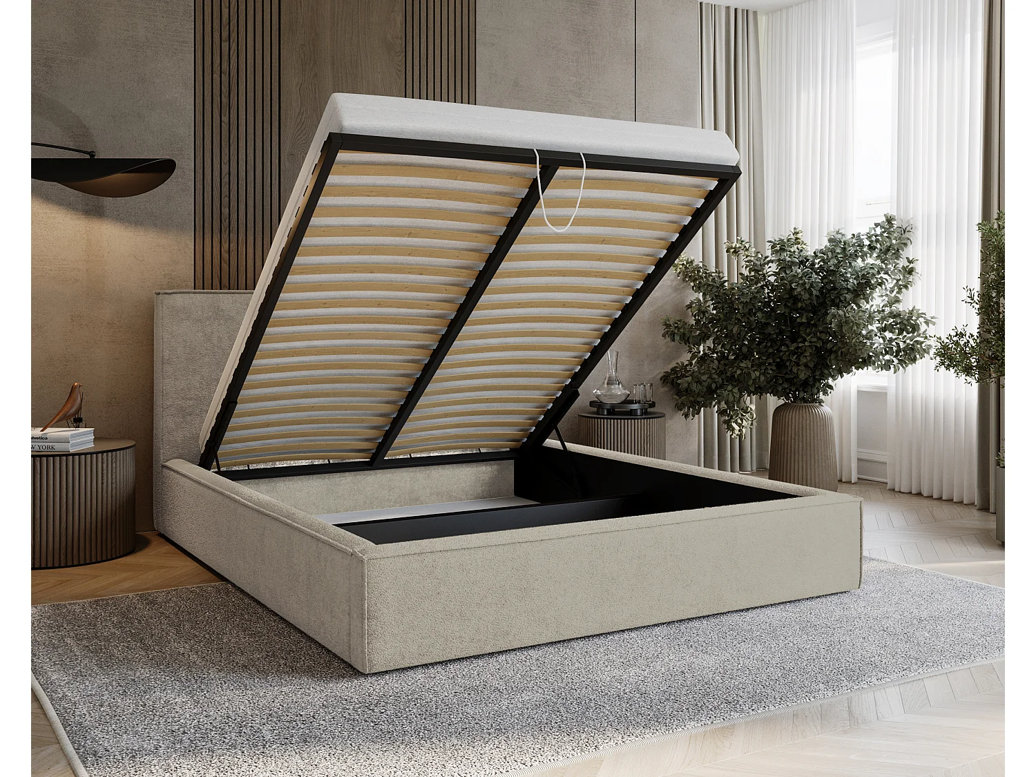 BESILIO Tapicerowane łóżko do sypialni 140x200 Zanzi - stelaż metalowy, pojemnik, ozdobna lamówka, tkanina szenil- Beżowy