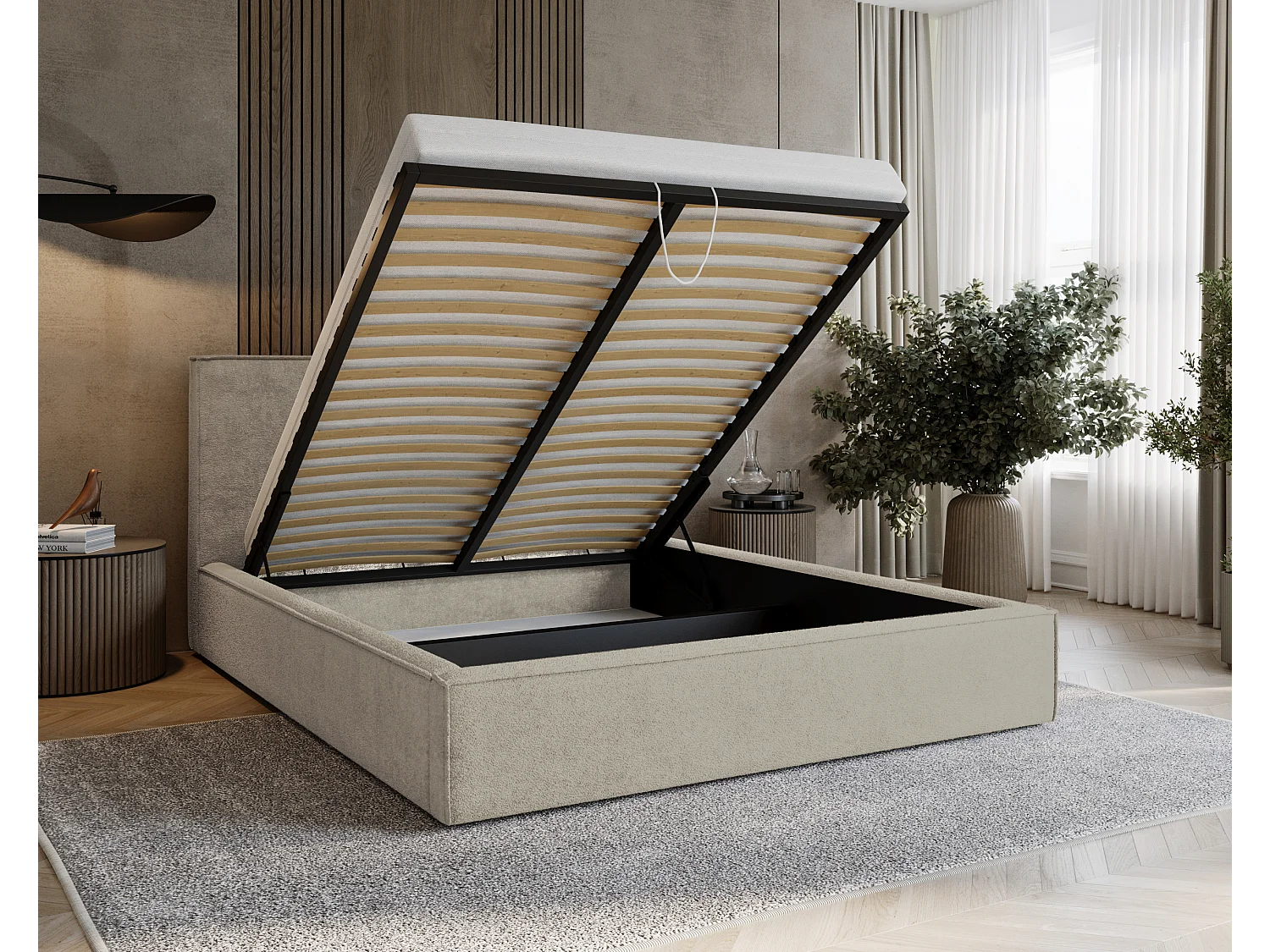 BESILIO Tapicerowane łóżko do sypialni 140x200 Zanzi - stelaż metalowy, pojemnik, ozdobna lamówka, tkanina szenil- Beżowy