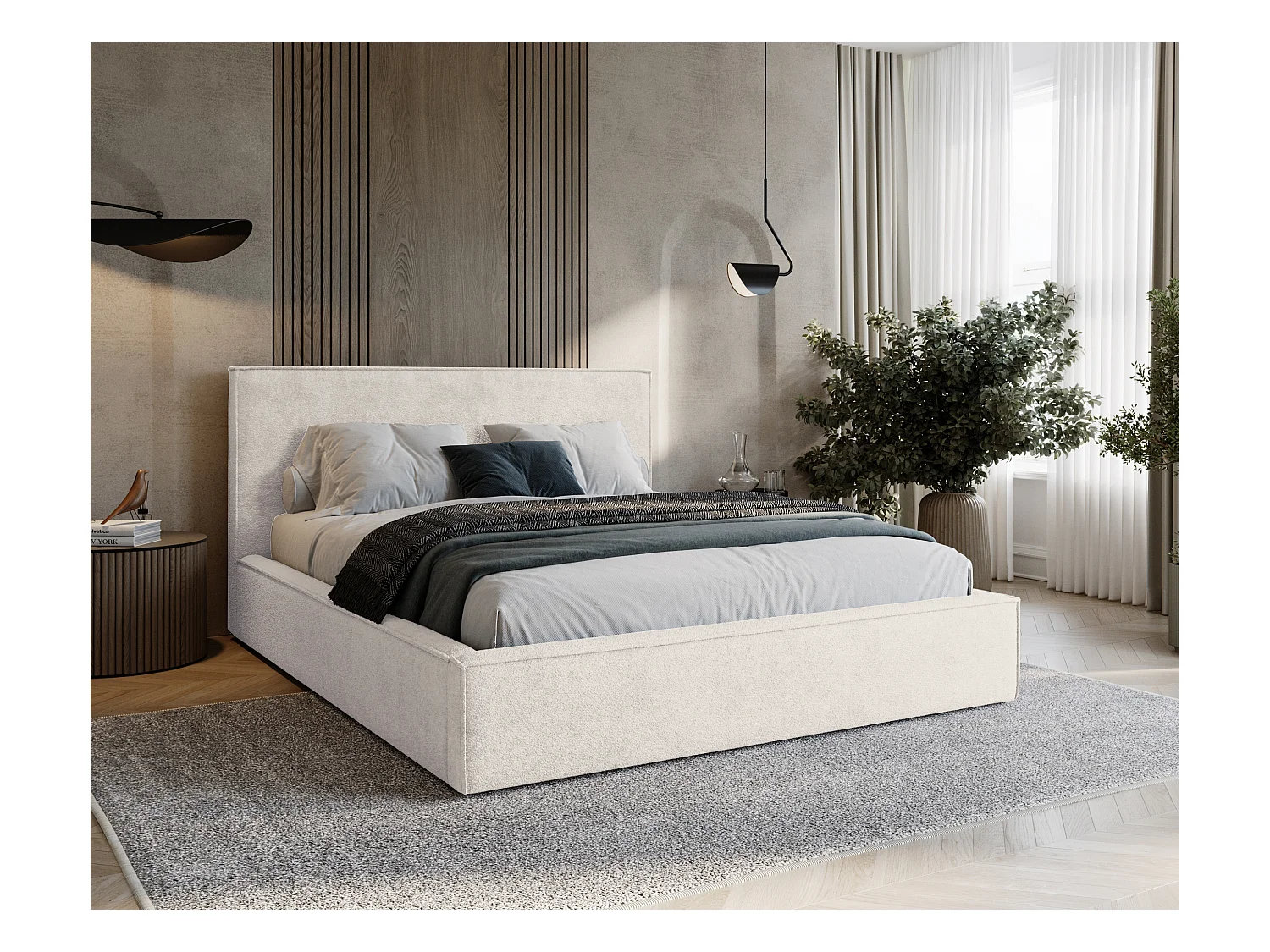 BESILIO Lit tapissé pour chambre à coucher 160x200 Zanzi - cadre métallique, coffre de rangement, bordure décorative, tissu chenille - Crème