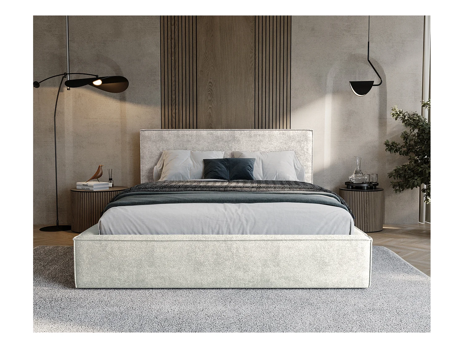 BESILIO Lit tapissé pour chambre à coucher 160x200 Zanzi - cadre métallique, coffre de rangement, bordure décorative, tissu chenille - Crème