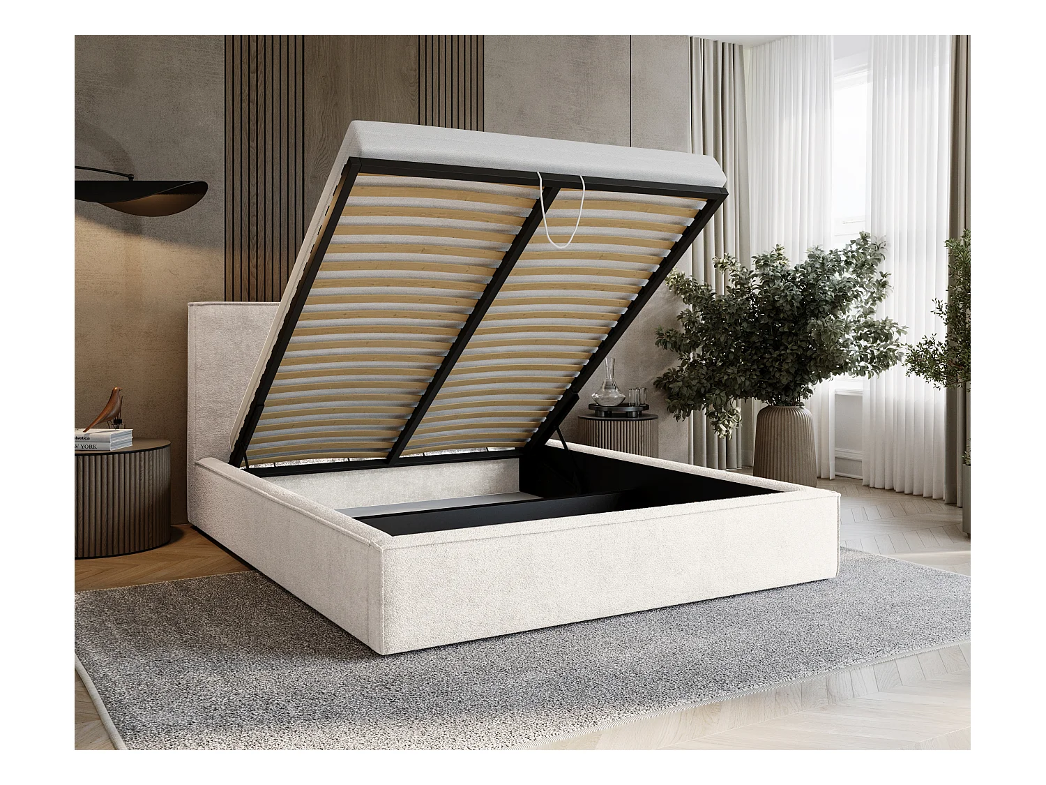 BESILIO Lit tapissé pour chambre à coucher 160x200 Zanzi - cadre métallique, coffre de rangement, bordure décorative, tissu chenille - Crème