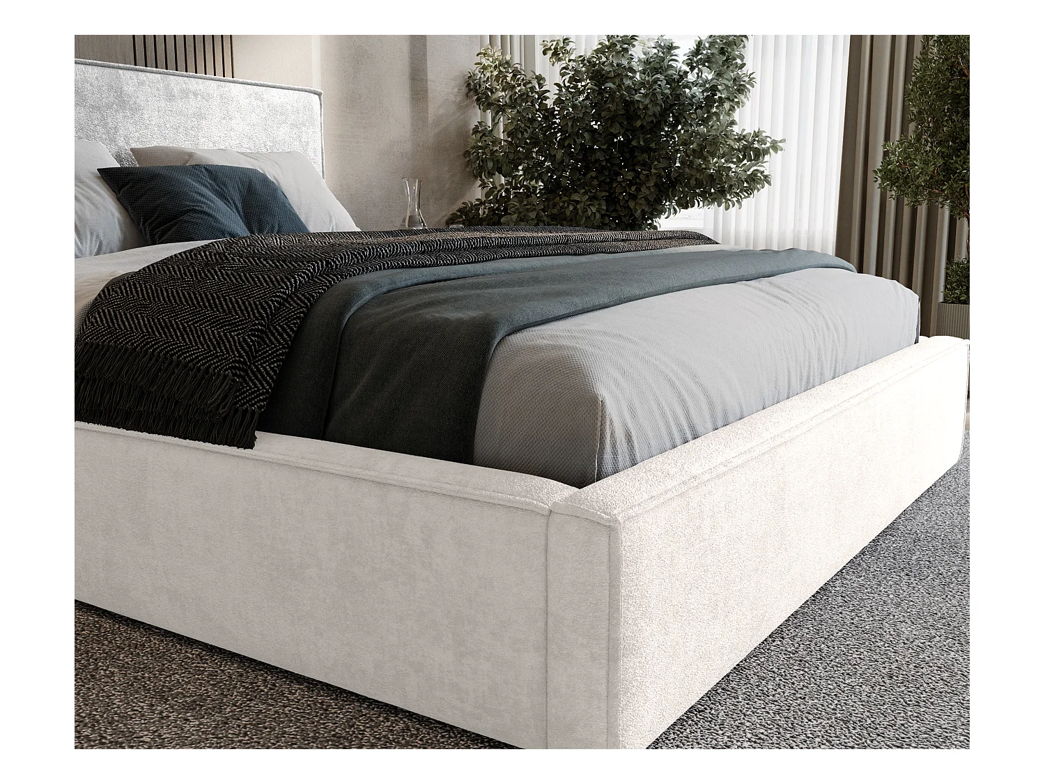 BESILIO Lit tapissé pour chambre à coucher 160x200 Zanzi - cadre métallique, coffre de rangement, bordure décorative, tissu chenille - Crème