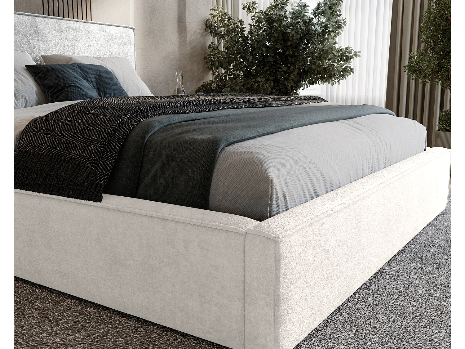 BESILIO Tapicerowane łóżko do sypialni 160x200 Zanzi - stelaż metalowy, pojemnik, ozdobna lamówka, tkanina szenil- Kremowy