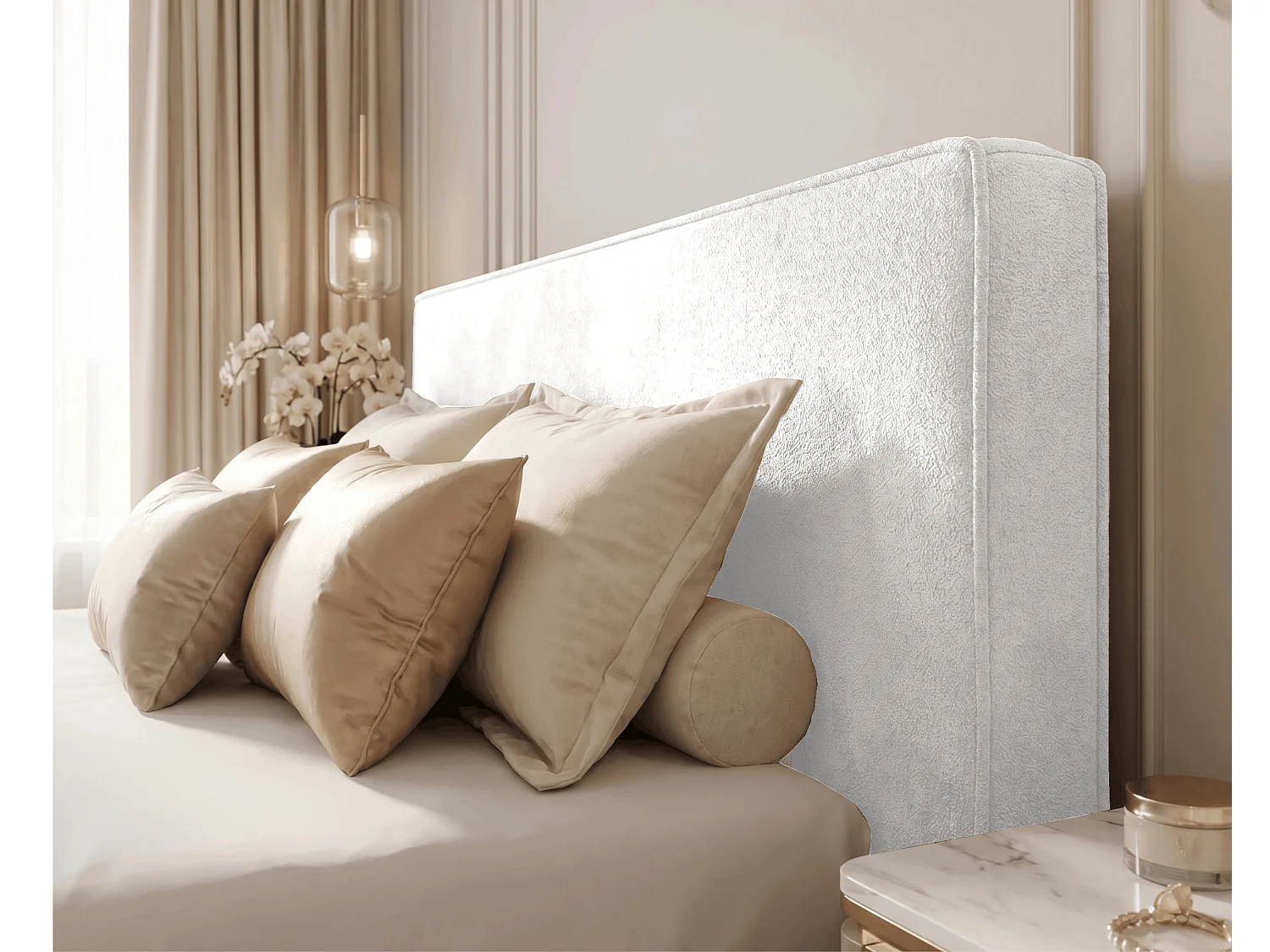 BESILIO Lit tapissé pour chambre à coucher 160x200 Zanzi - cadre métallique, coffre de rangement, bordure décorative, tissu chenille - Crème