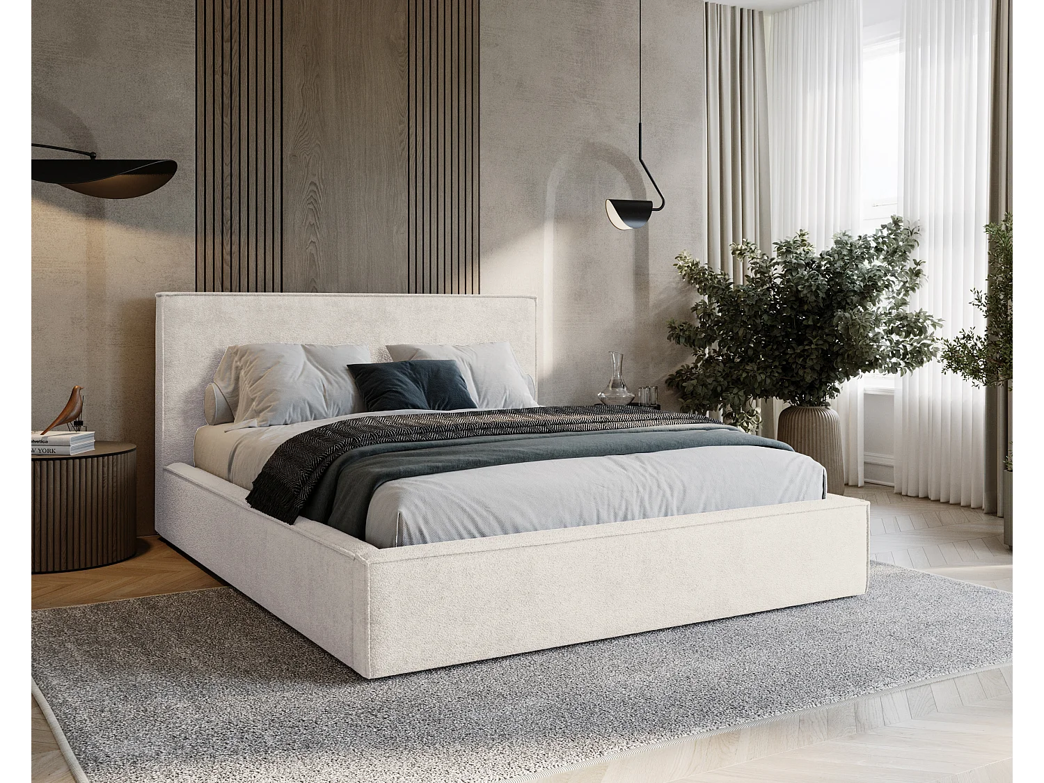 BESILIO Lit tapissé pour chambre à coucher 200x200 Zanzi - cadre métallique, coffre de rangement, bordure décorative, tissu chenille - Crème