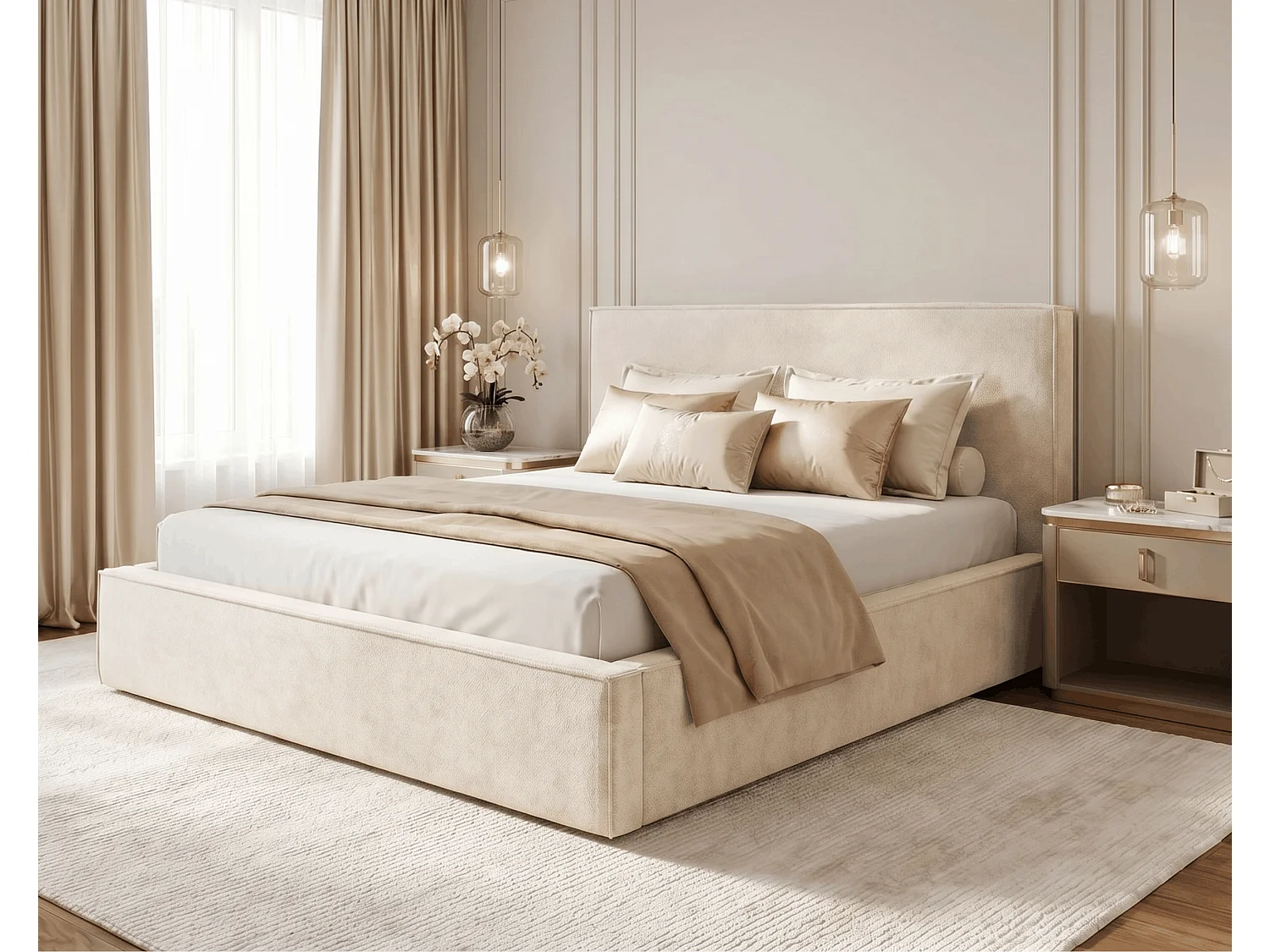 BESILIO Lit tapissé pour chambre à coucher 120x200 Zanzi - cadre métallique, coffre de rangement, bordure décorative, tissu chenille - Beige