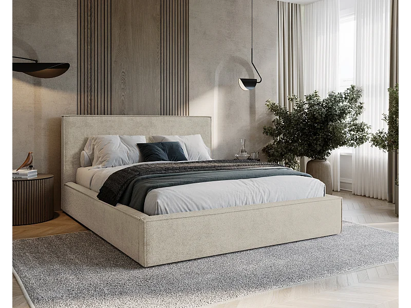 BESILIO Lit tapissé pour chambre à coucher 120x200 Zanzi - cadre métallique, coffre de rangement, bordure décorative, tissu chenille - Beige