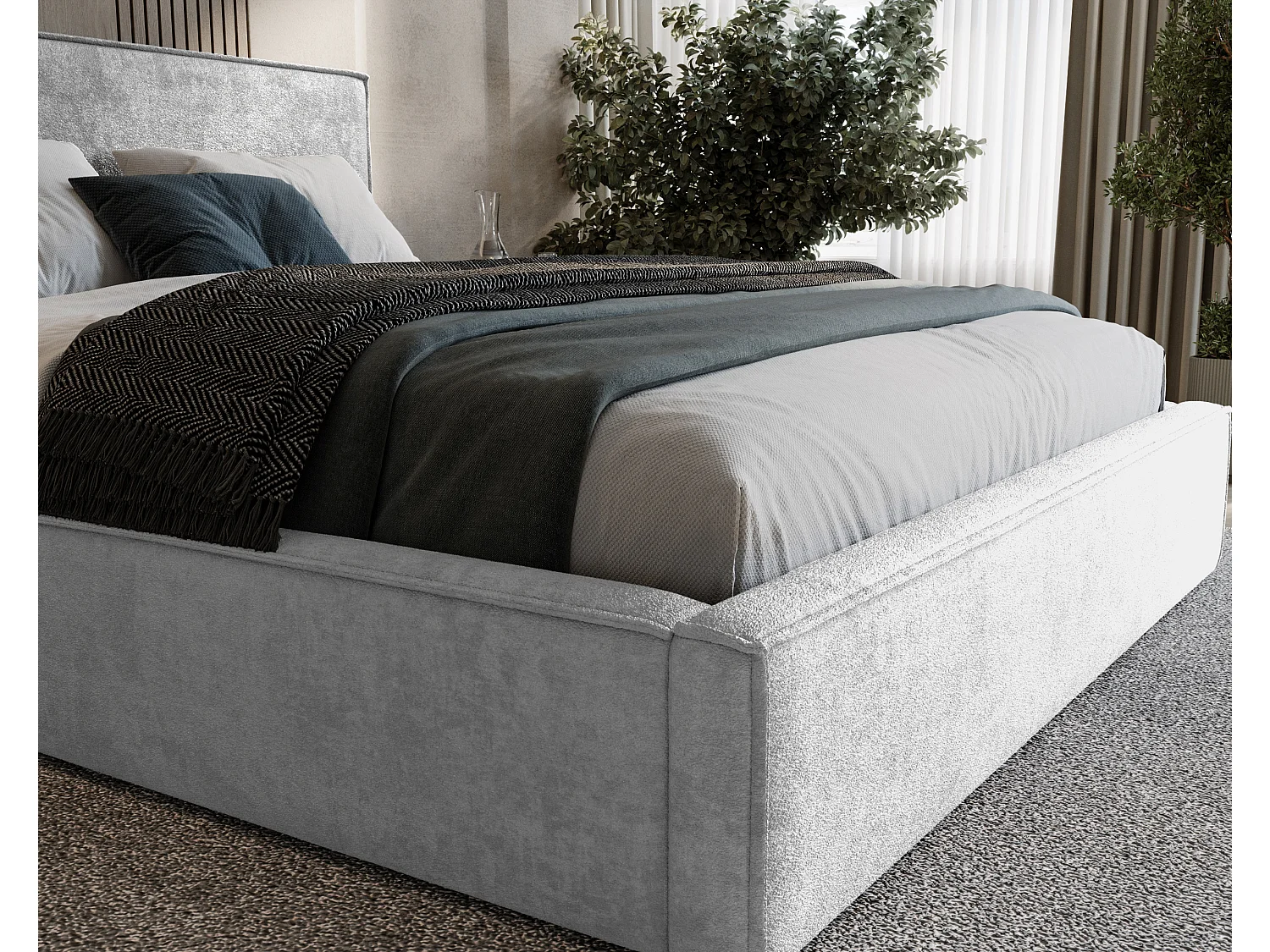 BESILIO Tapicerowane łóżko do sypialni 200x200 Zanzi - stelaż metalowy, pojemnik, ozdobna lamówka, tkanina szenil- Jasnoszary