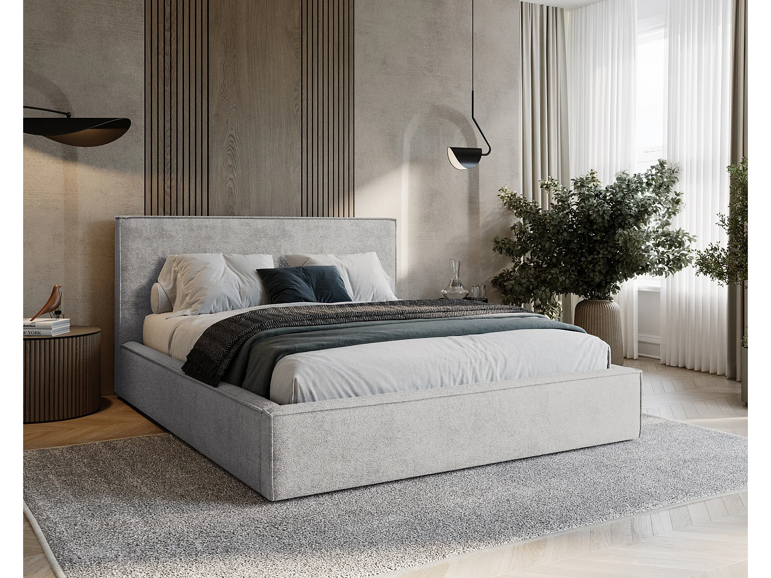 BESILIO Lit tapissé pour chambre à coucher 200x200 Zanzi - cadre métallique, coffre de rangement, bordure décorative, tissu chenille - Gris clair