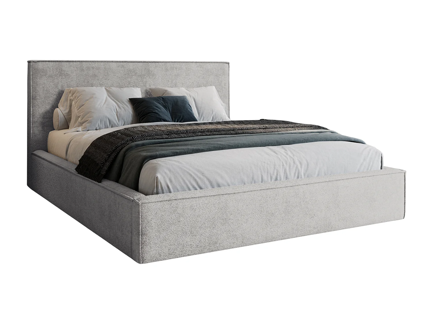 BESILIO Lit tapissé pour chambre à coucher 200x200 Zanzi - cadre métallique, coffre de rangement, bordure décorative, tissu chenille - Gris clair