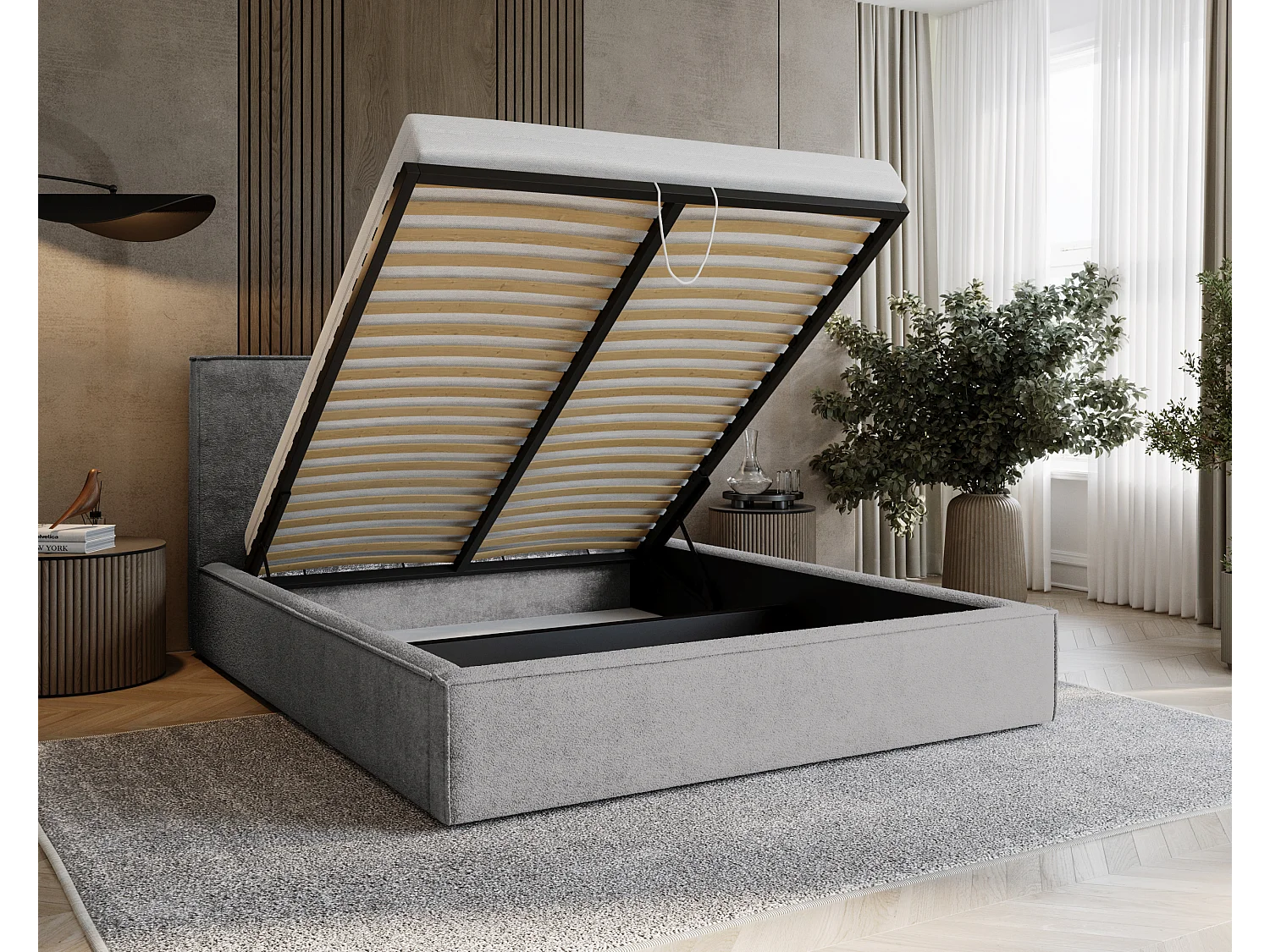 BESILIO Lit tapissé pour chambre à coucher 200x200 Zanzi - cadre métallique, coffre de rangement, bordure décorative, tissu chenille - Gris
