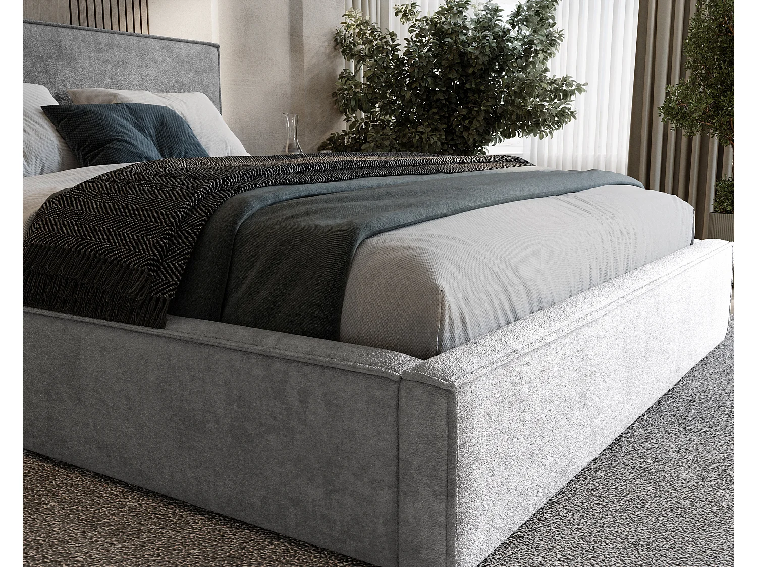 BESILIO Gestoffeerd bed voor slaapkamer 200x200 Zanzi - metalen frame, opbergruimte, decoratieve bies, chenille stof - Grijs