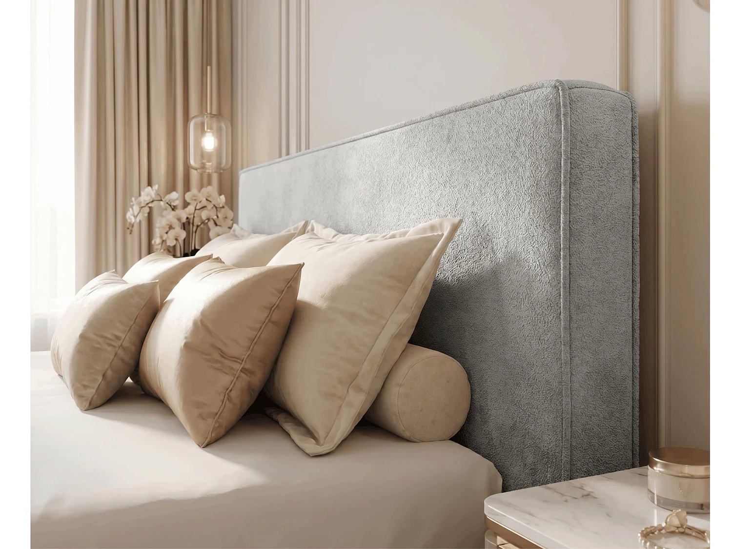 BESILIO Lit tapissé pour chambre à coucher 200x200 Zanzi - cadre métallique, coffre de rangement, bordure décorative, tissu chenille - Gris