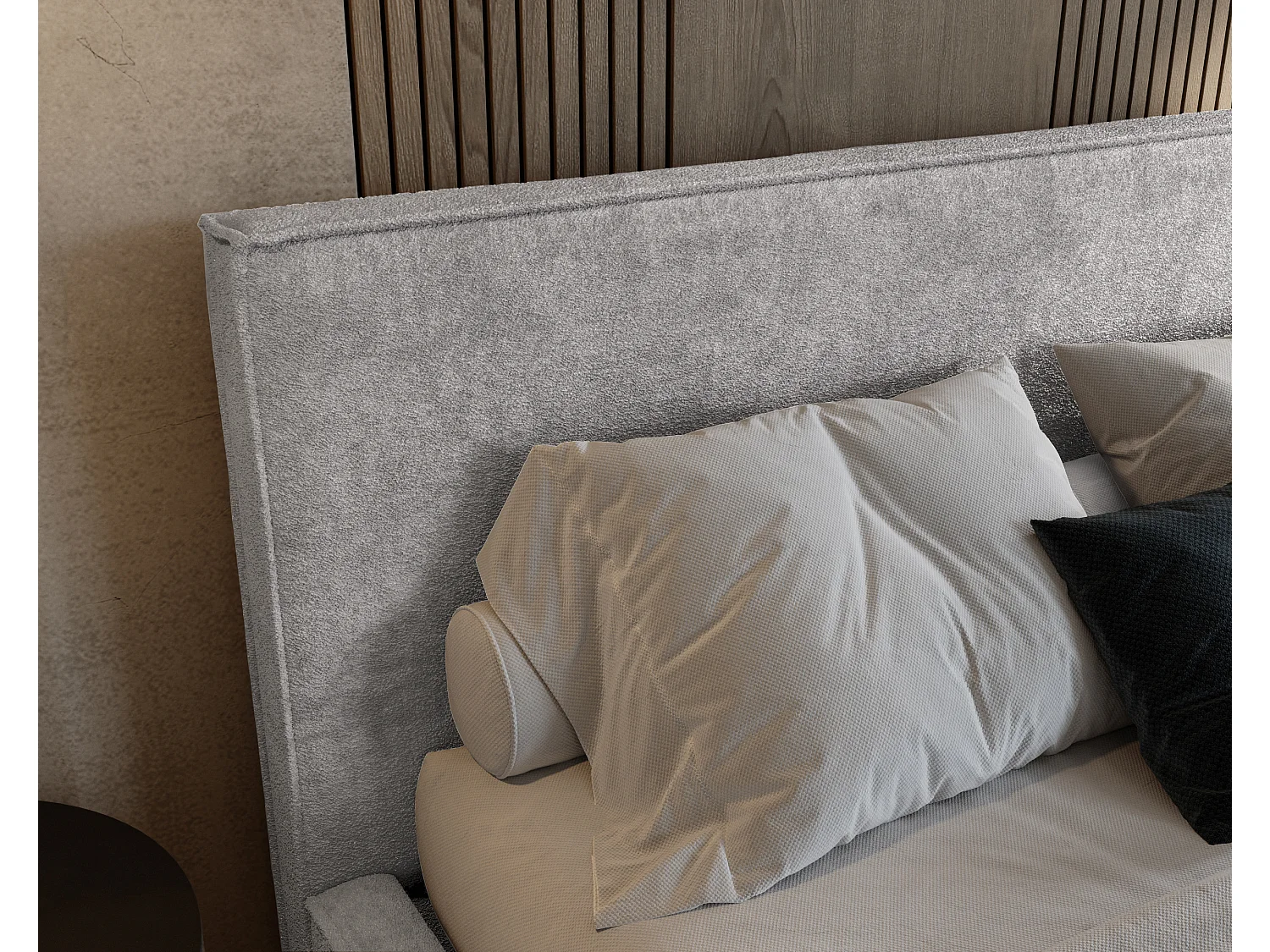 BESILIO Tapicerowane łóżko do sypialni 180x200 Zanzi - stelaż metalowy, pojemnik, ozdobna lamówka, tkanina szenil- Jasnoszary