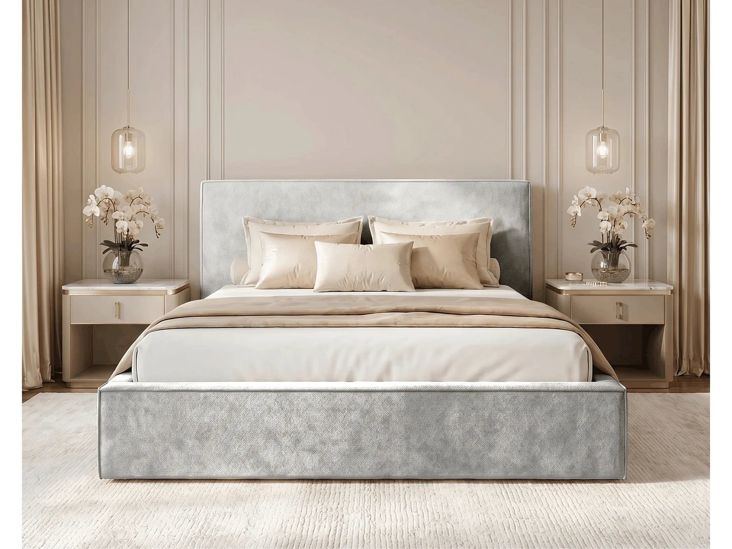 BESILIO Lit tapissé pour chambre à coucher 180x200 Zanzi - cadre métallique, coffre de rangement, bordure décorative, tissu chenille - Gris clair