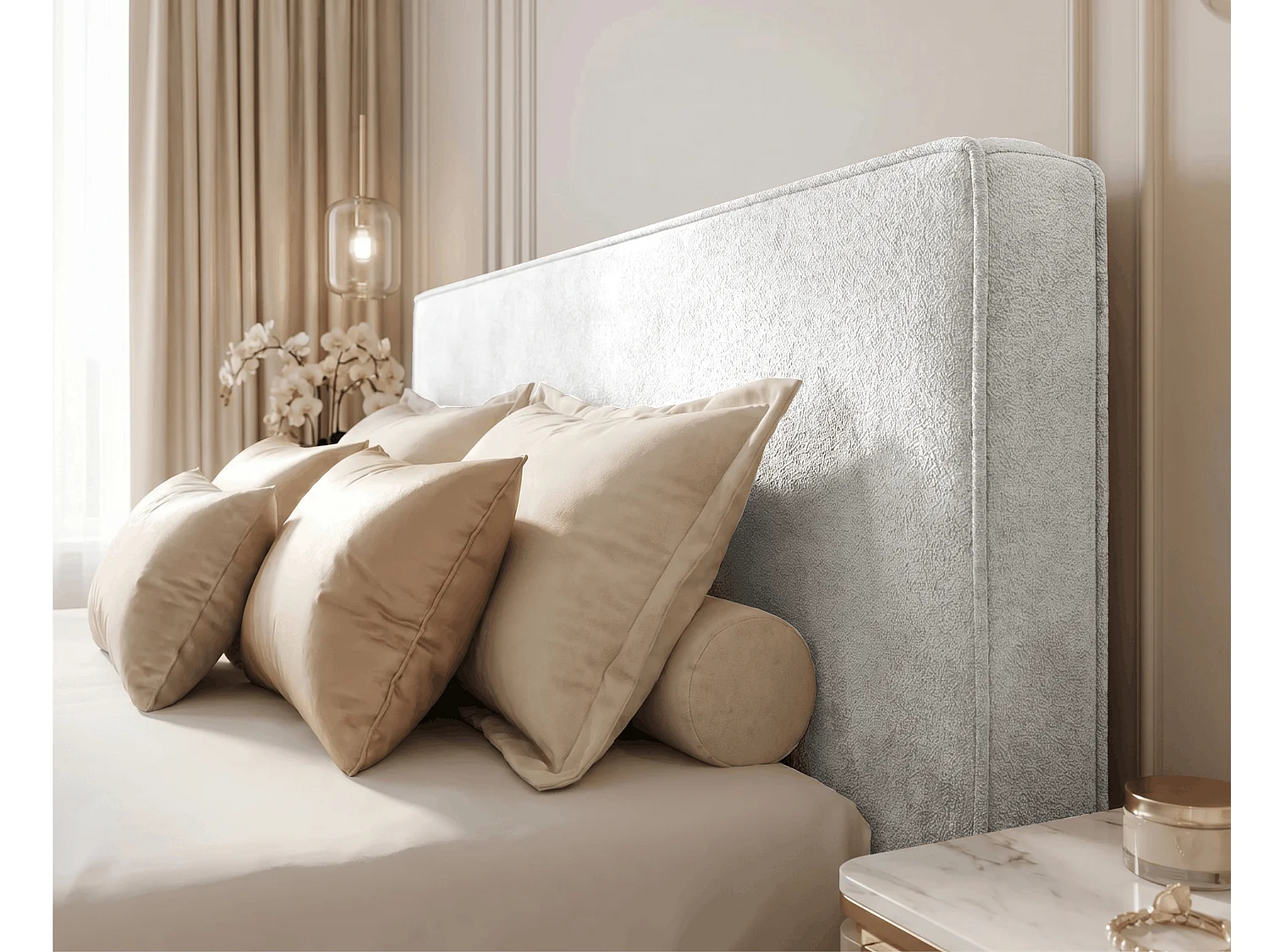 BESILIO Lit tapissé pour chambre à coucher 180x200 Zanzi - cadre métallique, coffre de rangement, bordure décorative, tissu chenille - Gris clair