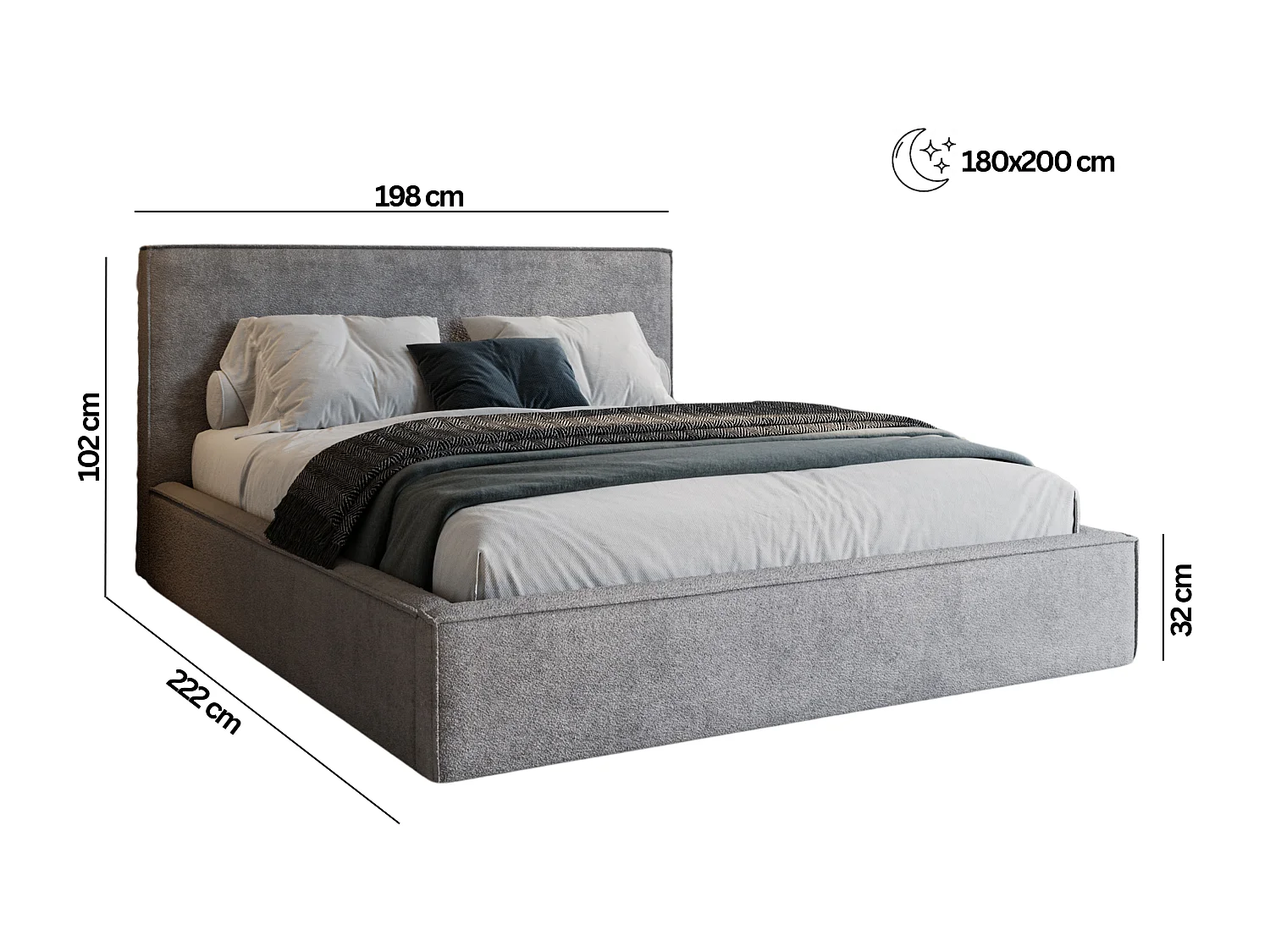 BESILIO Lit tapissé pour chambre à coucher 180x200 Zanzi - cadre métallique, coffre de rangement, bordure décorative, tissu chenille - Beige