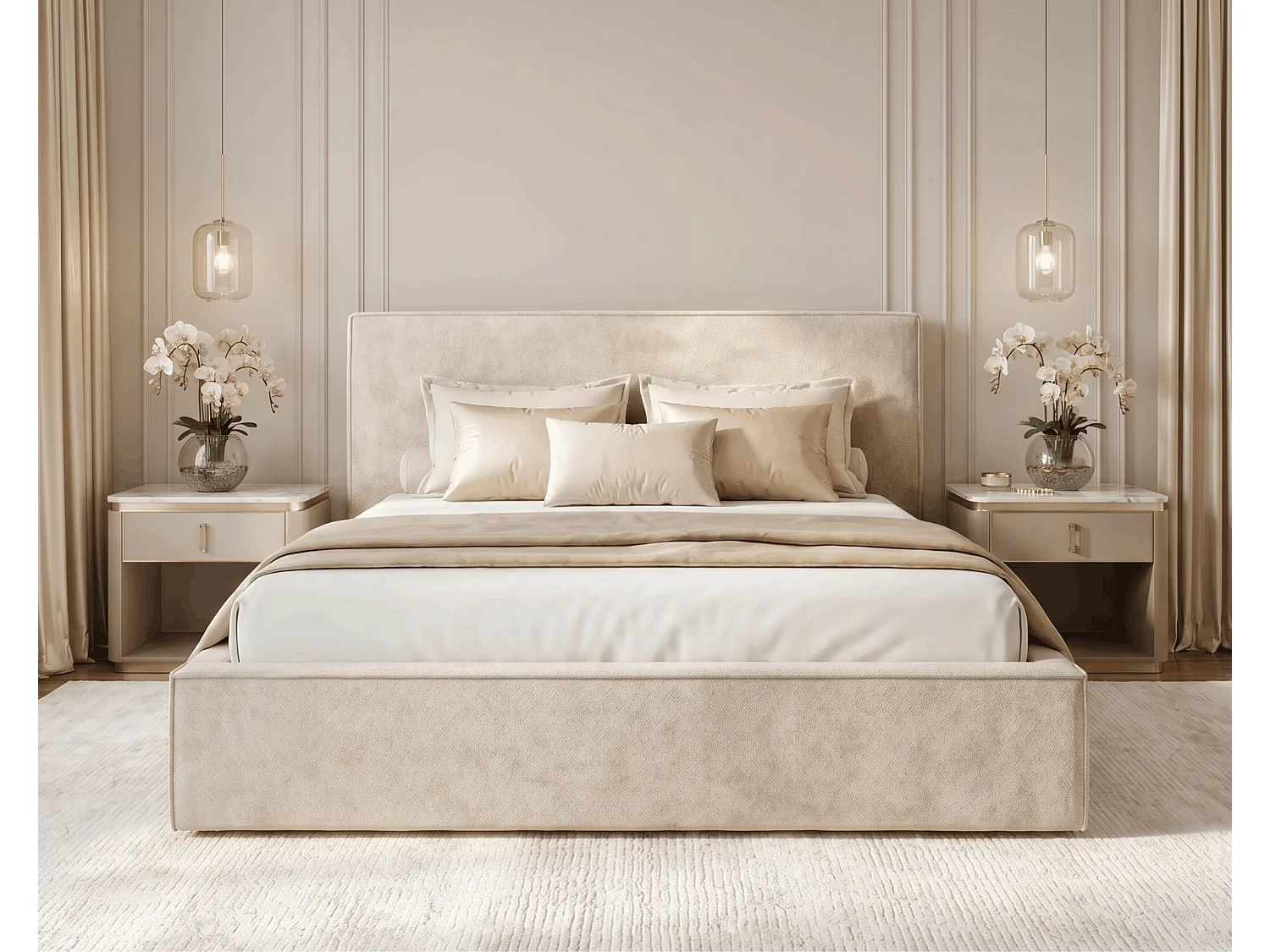 BESILIO Lit tapissé pour chambre à coucher 180x200 Zanzi - cadre métallique, coffre de rangement, bordure décorative, tissu chenille - Beige