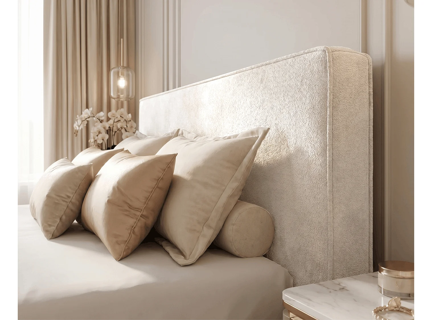 BESILIO Lit tapissé pour chambre à coucher 180x200 Zanzi - cadre métallique, coffre de rangement, bordure décorative, tissu chenille - Beige