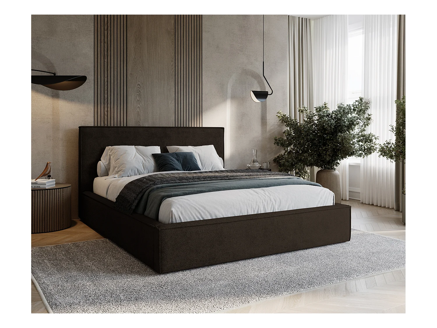 BESILIO Lit tapissé pour chambre à coucher 140x200 Zanzi - cadre métallique, coffre de rangement, bordure décorative, tissu chenille - Marron