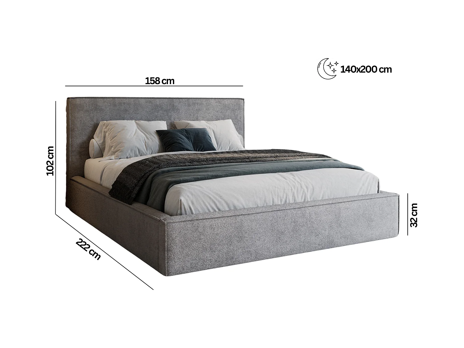 BESILIO Lit tapissé pour chambre à coucher 140x200 Zanzi - cadre métallique, coffre de rangement, bordure décorative, tissu chenille - Marron