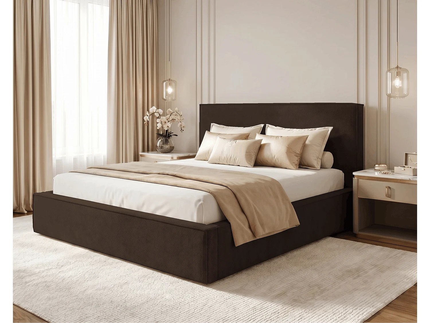 BESILIO Lit tapissé pour chambre à coucher 140x200 Zanzi - cadre métallique, coffre de rangement, bordure décorative, tissu chenille - Marron