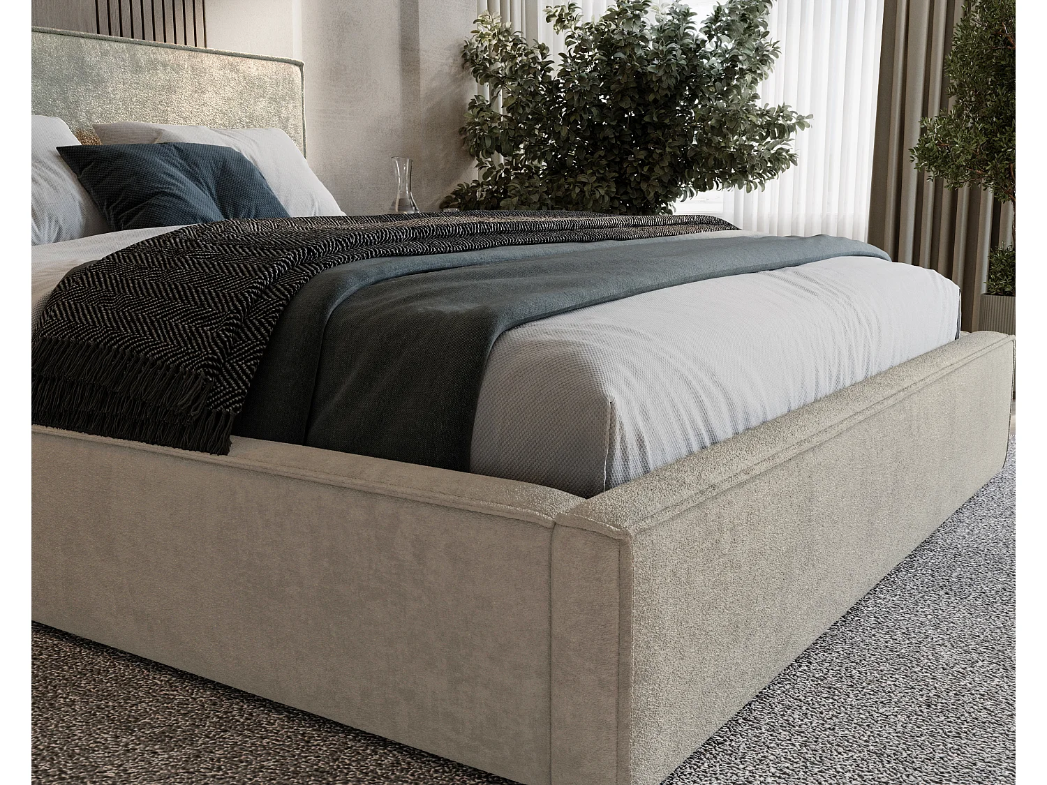 BESILIO Lit tapissé pour chambre à coucher 200x200 Zanzi - cadre métallique, coffre de rangement, bordure décorative, tissu chenille - Beige