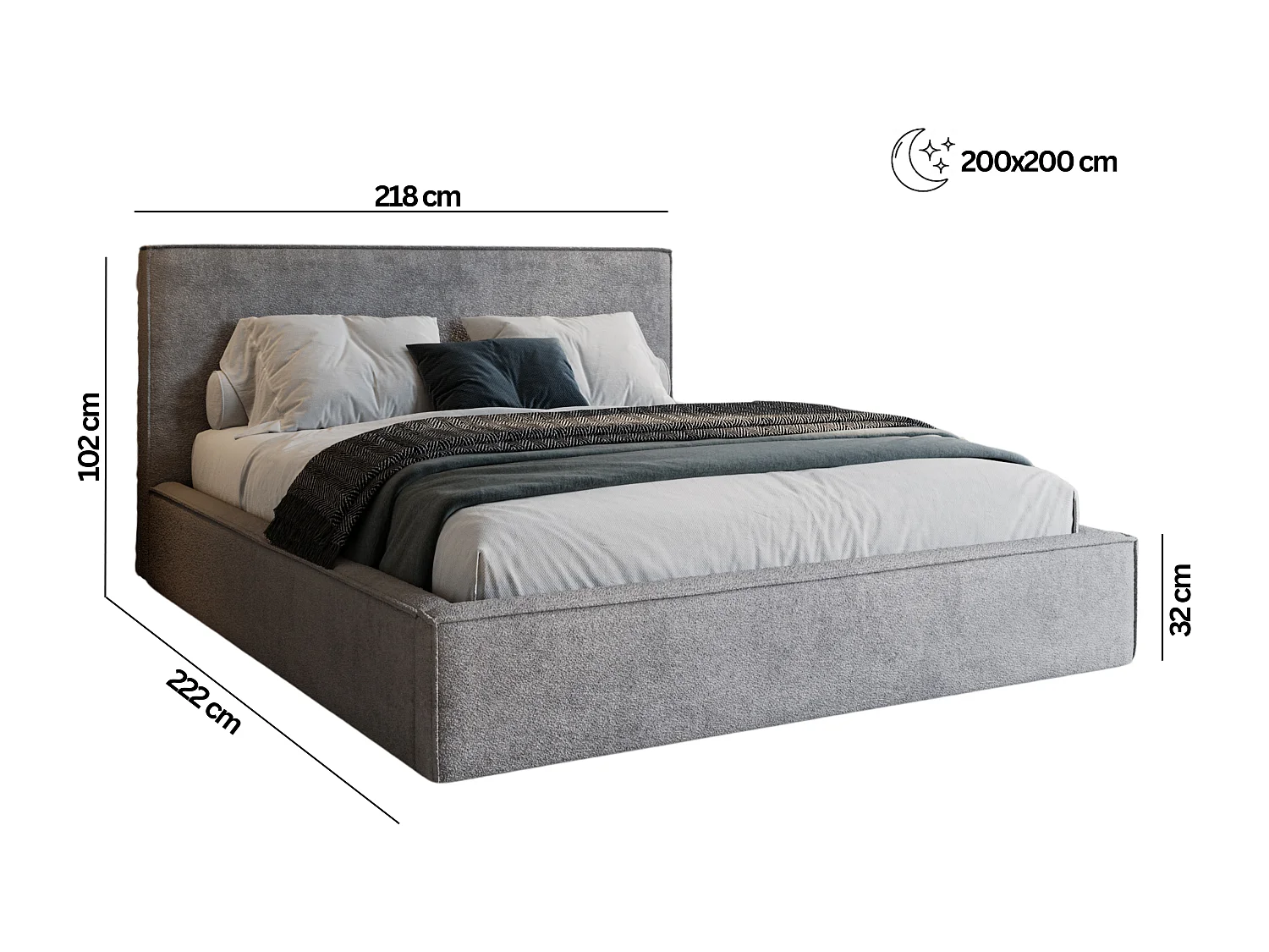 BESILIO Lit tapissé pour chambre à coucher 200x200 Zanzi - cadre métallique, coffre de rangement, bordure décorative, tissu chenille - Beige