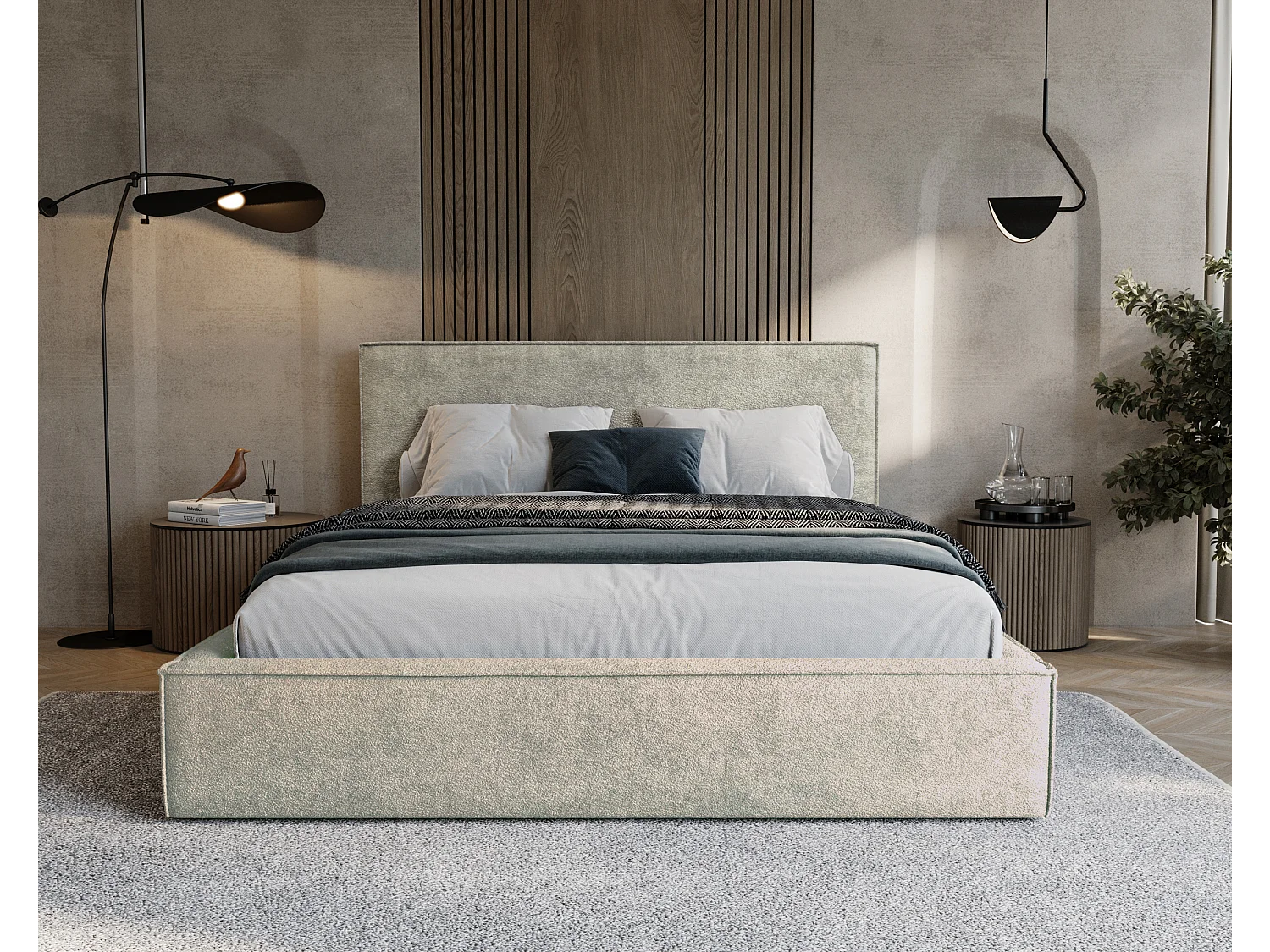 BESILIO Lit tapissé pour chambre à coucher 200x200 Zanzi - cadre métallique, coffre de rangement, bordure décorative, tissu chenille - Beige