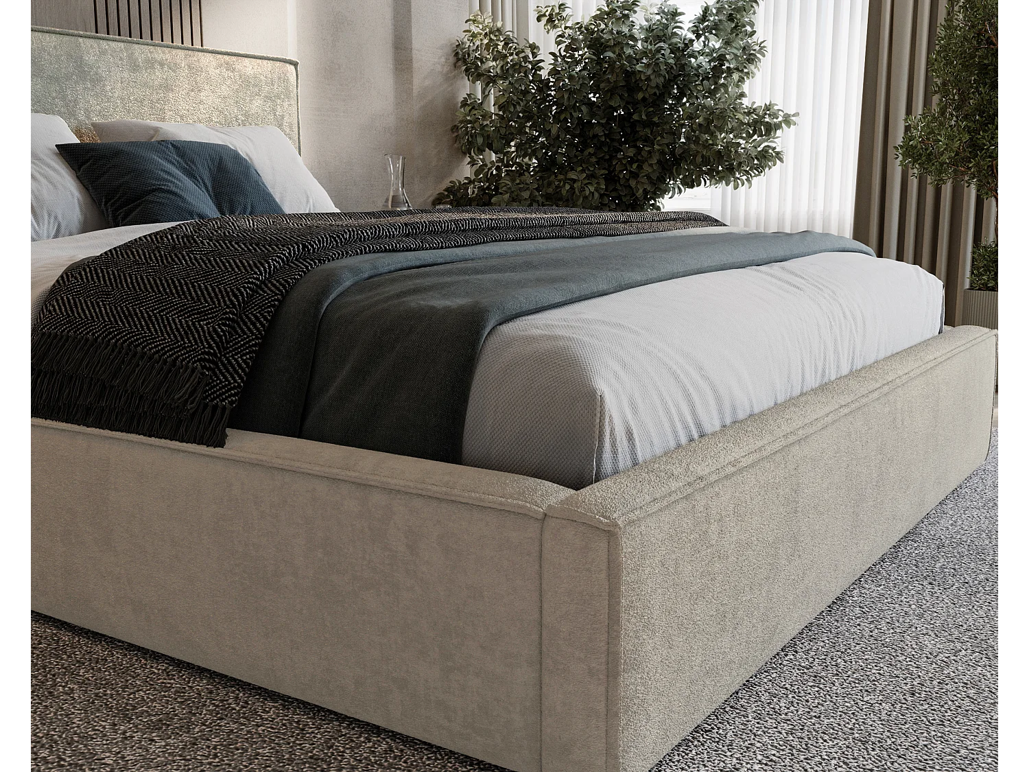 BESILIO Lit tapissé pour chambre à coucher 200x200 Zanzi - cadre métallique, coffre de rangement, bordure décorative, tissu chenille - Beige