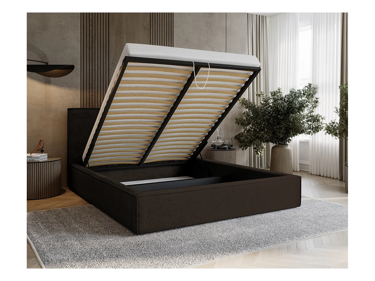 BESILIO Gestoffeerd bed voor slaapkamer 200x200 Zanzi - metalen frame, opbergruimte, decoratieve bies, chenille stof - Bruin