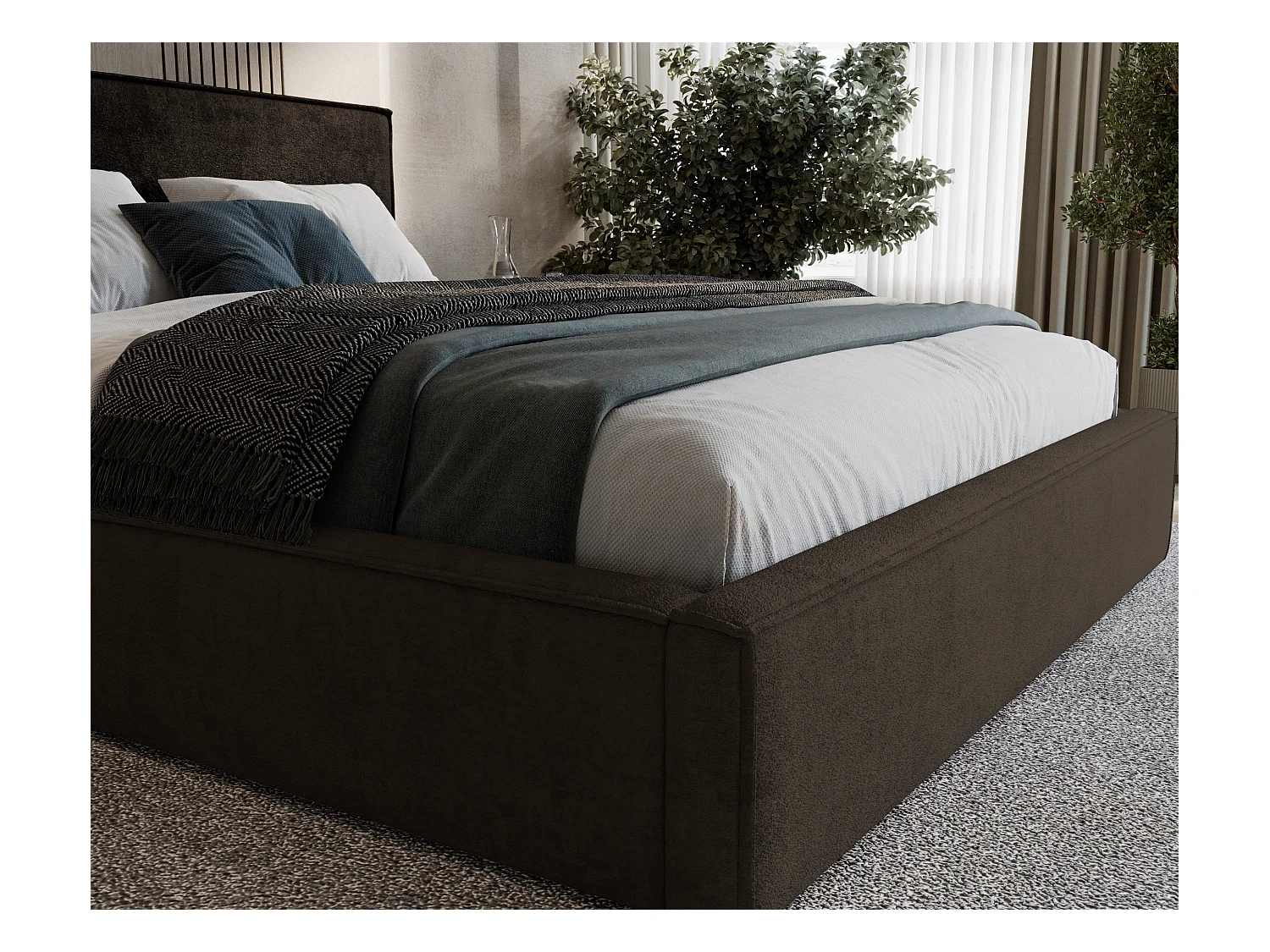 BESILIO Gestoffeerd bed voor slaapkamer 200x200 Zanzi - metalen frame, opbergruimte, decoratieve bies, chenille stof - Bruin