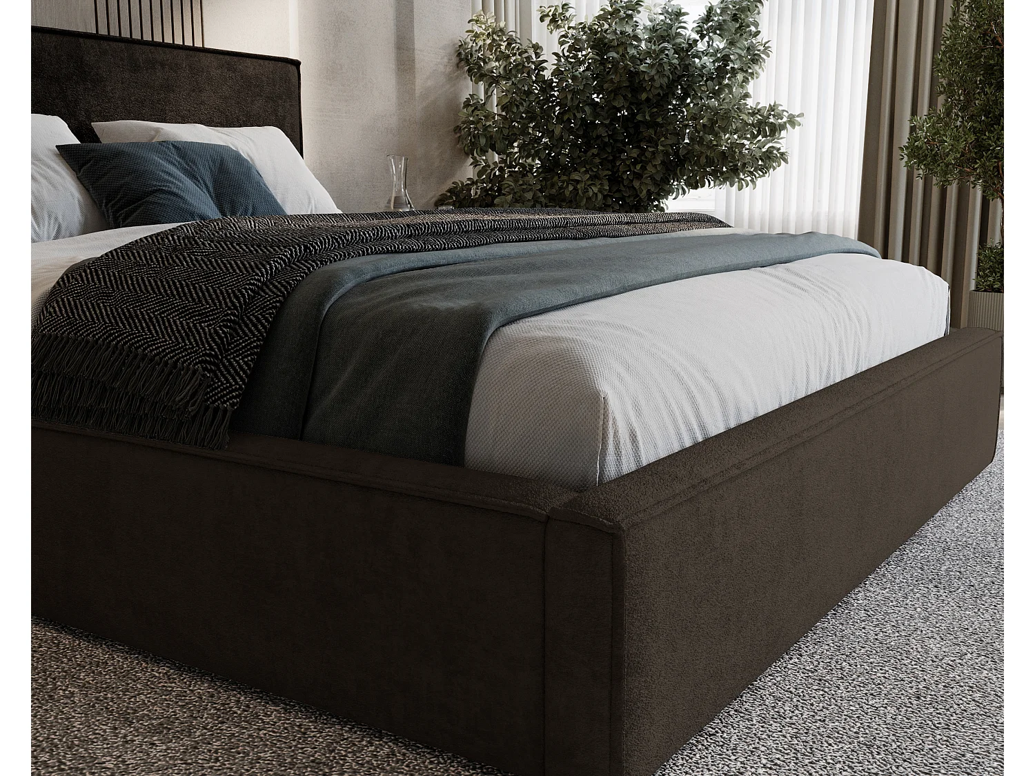 BESILIO Lit tapissé pour chambre à coucher 200x200 Zanzi - cadre métallique, coffre de rangement, bordure décorative, tissu chenille - Marron