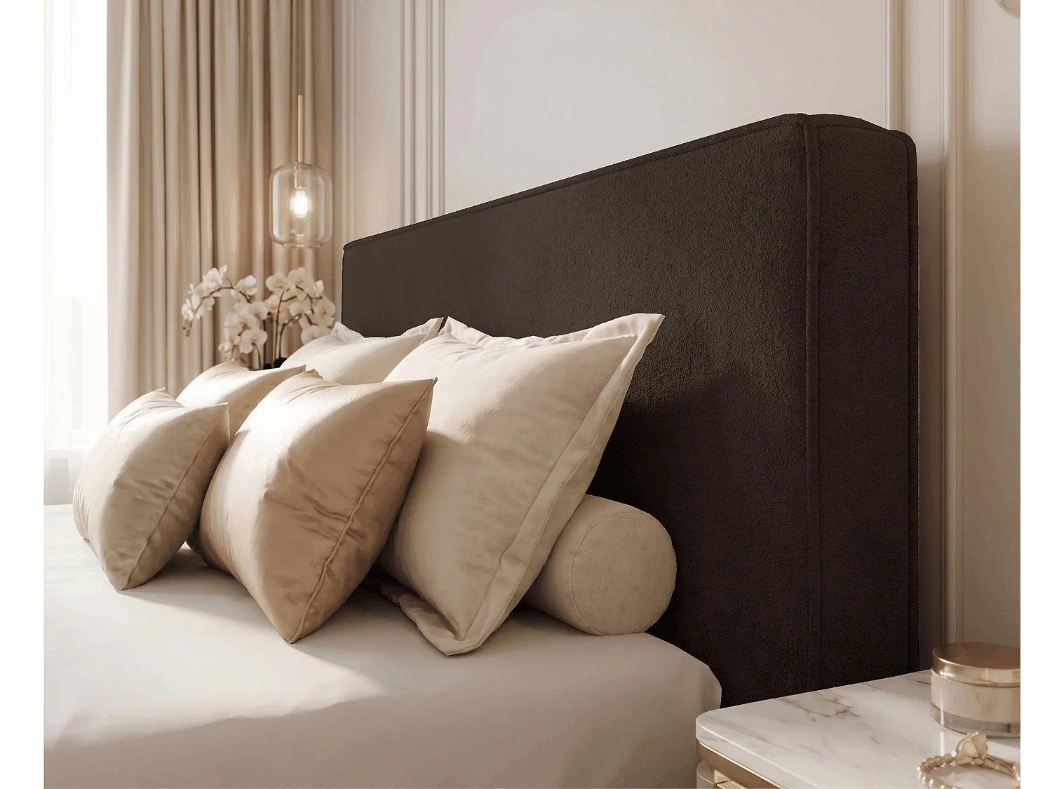 BESILIO Lit tapissé pour chambre à coucher 200x200 Zanzi - cadre métallique, coffre de rangement, bordure décorative, tissu chenille - Marron