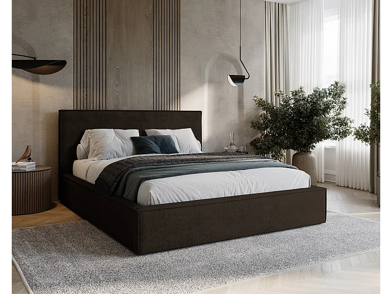 BESILIO Lit tapissé pour chambre à coucher 200x200 Zanzi - cadre métallique, coffre de rangement, bordure décorative, tissu chenille - Marron