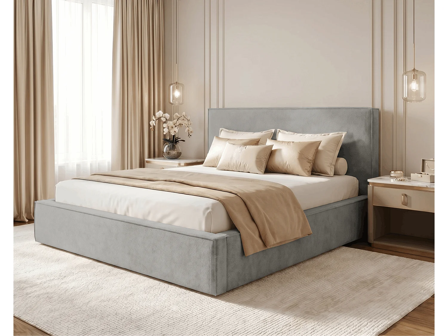 BESILIO Lit tapissé pour chambre à coucher 140x200 Zanzi - cadre métallique, coffre de rangement, bordure décorative, tissu chenille - Gris