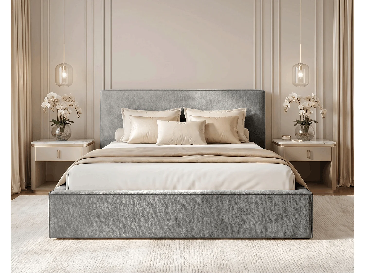 BESILIO Lit tapissé pour chambre à coucher 140x200 Zanzi - cadre métallique, coffre de rangement, bordure décorative, tissu chenille - Gris