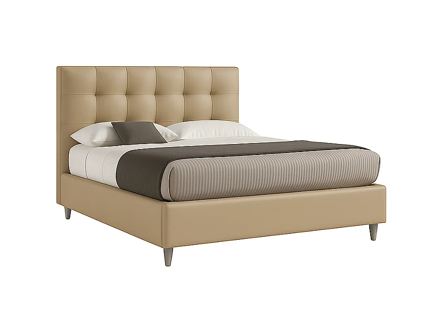 Nubea,  Letto  Matrimoniale Con Rete Rivestimento Vegan Leather Easy Clean Beige  (175cm X 225cm X 120cm)| Duzzle